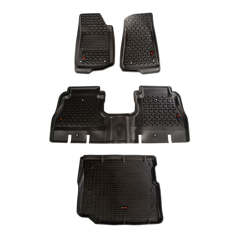 Jeep Wrangler Unlimited JLU Floor Liner Kit - Front/Rear/Cargo - Rugged Ridge - All Terrain - Black - `18-`20